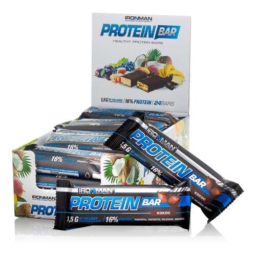 Батончик IRONMAN Protein Bar с коллагеном, 50г (Кокос/тёмная глазурь)(24 шт) в Спортмастер