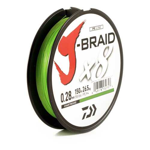 Леска плетеная Daiwa J-Braid X8 0,28 мм, 150 м, 26,5 кг флуор.желтая в Спортмастер